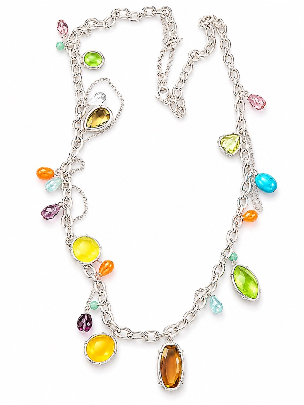 Multi-Color Gemstone Drop Chain Necklace - Women Jewelry